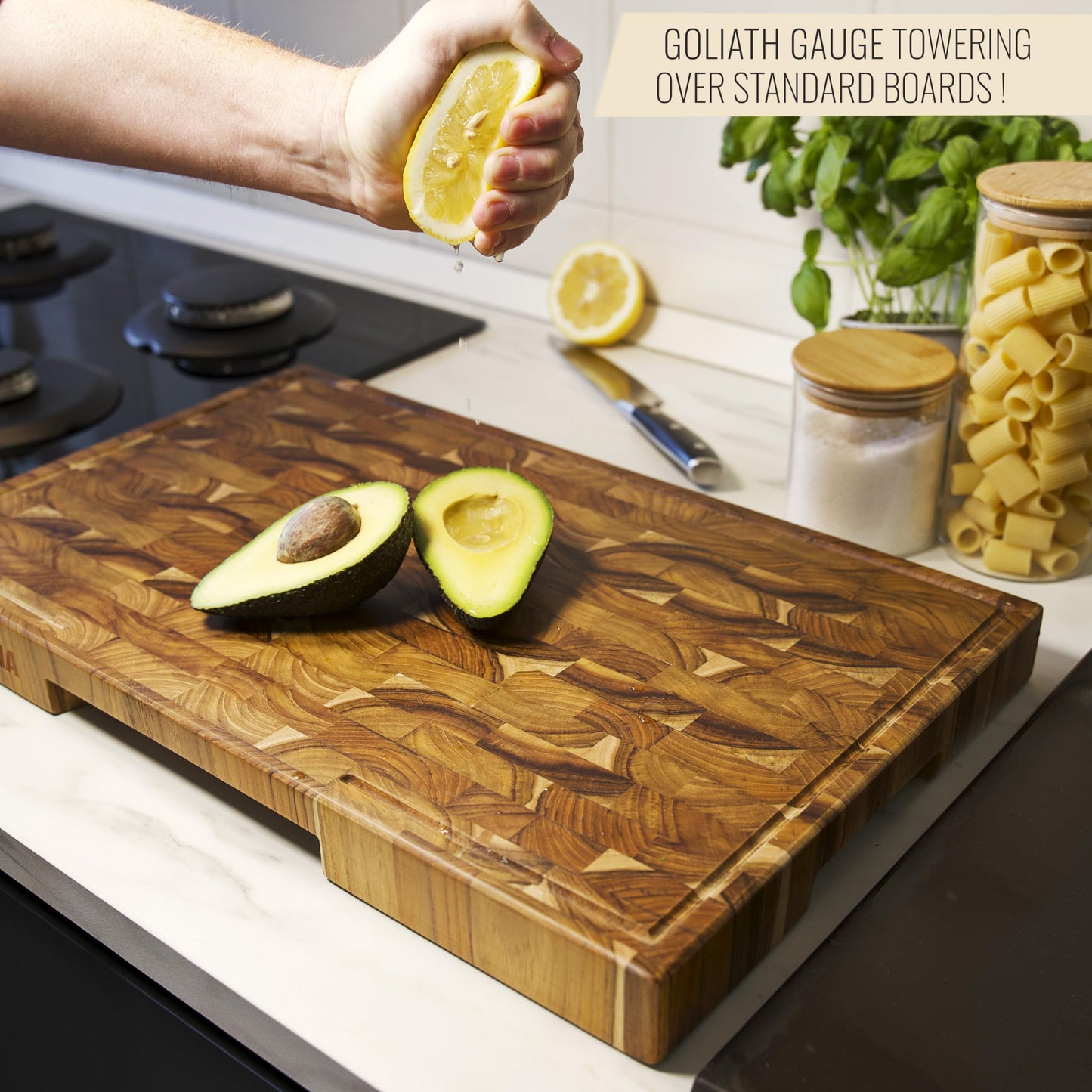 XXL Teak Wood Cutting Board, 24 x 15 Inch (ExtraThick 1.7") Hardwood Butcher Block for Meat, Cheese, Charcuterie Heavy Duty End Grain Non Toxic Wood Chopping Board with Handle (Oil & Plate included)