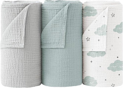 Bearmoss Muslin Swaddle Blankets - Soft & Breathable Baby Blankets | 3 Pack, 40 x 38 Inches, Cloud Design