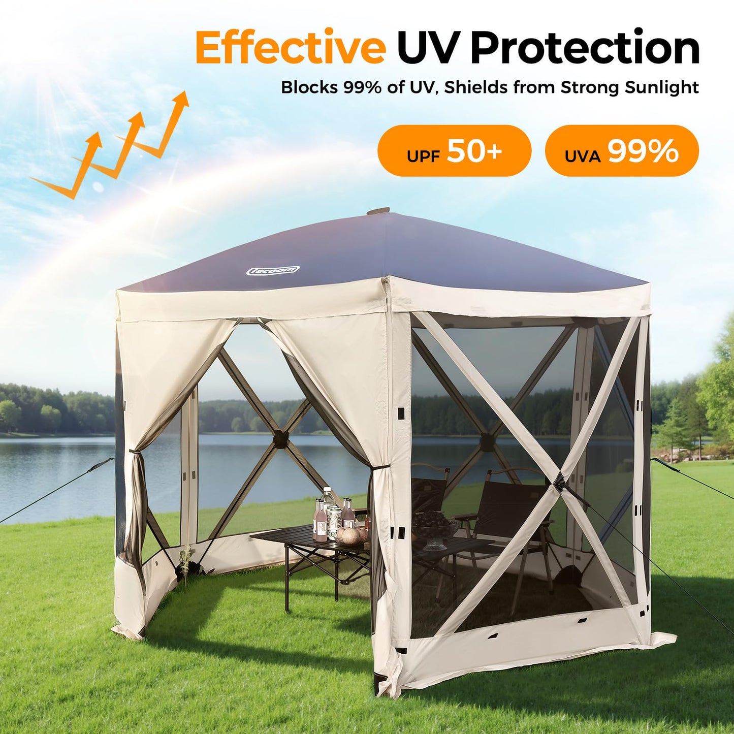 Tecoom 6-Sided Pop Up Gazebo Tent, Screen House with Mosquito Netting Canopy for Camping, 10x10ft Portable Sun Shelter Removable Siedwalls for Outdoor, Garden, Activities, Khaki