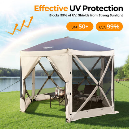 Tecoom 6-Sided Pop Up Gazebo Tent, Screen House with Mosquito Netting Canopy for Camping, 10x10ft Portable Sun Shelter Removable Siedwalls for Outdoor, Garden, Activities, Khaki