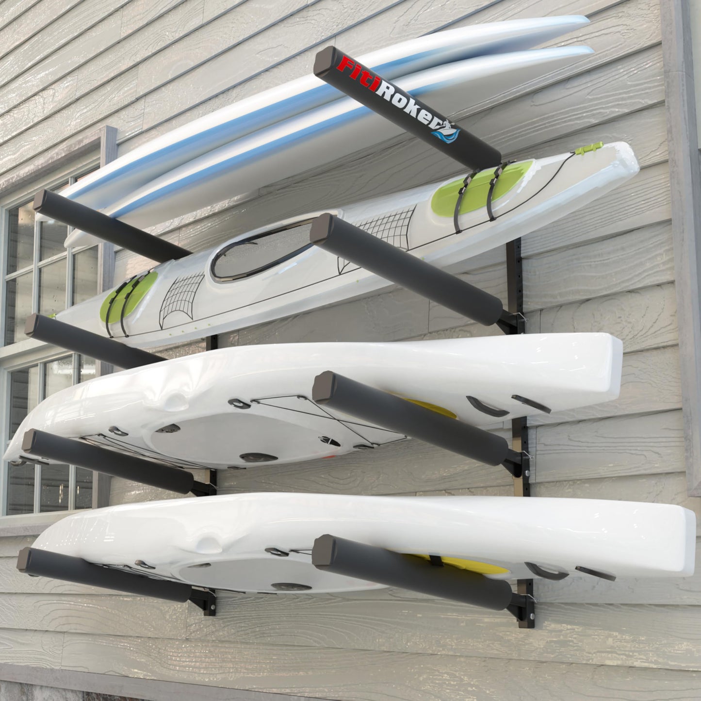 FitiRoker Heavy-Duty Kayak Wall Rack – Multi-Level Adjustable Storage for Multiple Kayaks, Rubber Sleeves, Height Customization, 200 lbs Per Level (4-Tier Rack)