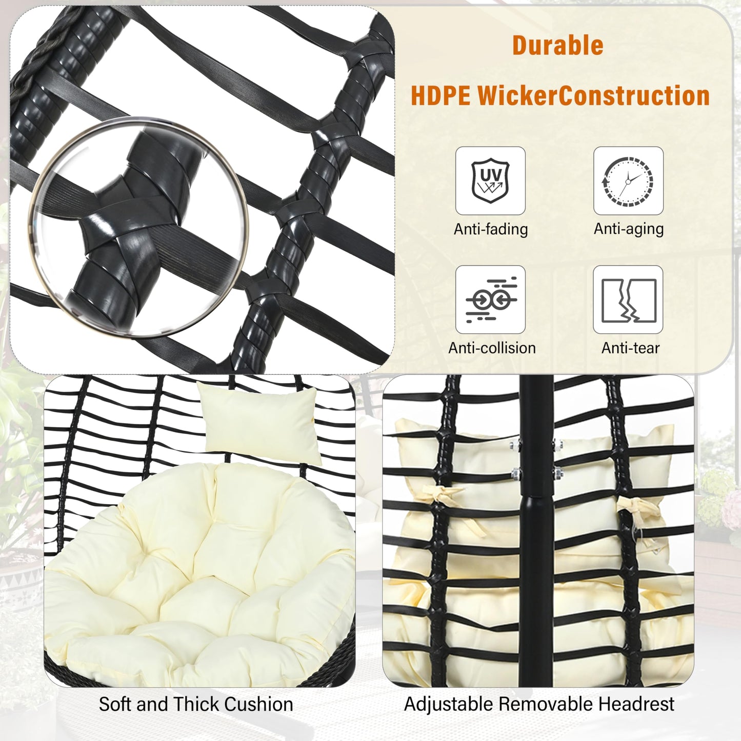 Merax Indoor Outdoor Hanging Hammock Chair with Stand, Foldable Rattan Egg Swing Chair with Iron Frame and Plush Cushion & Removable Headrest,Suitable for Porch Garden,Balcony,Indoor, Black+Beige