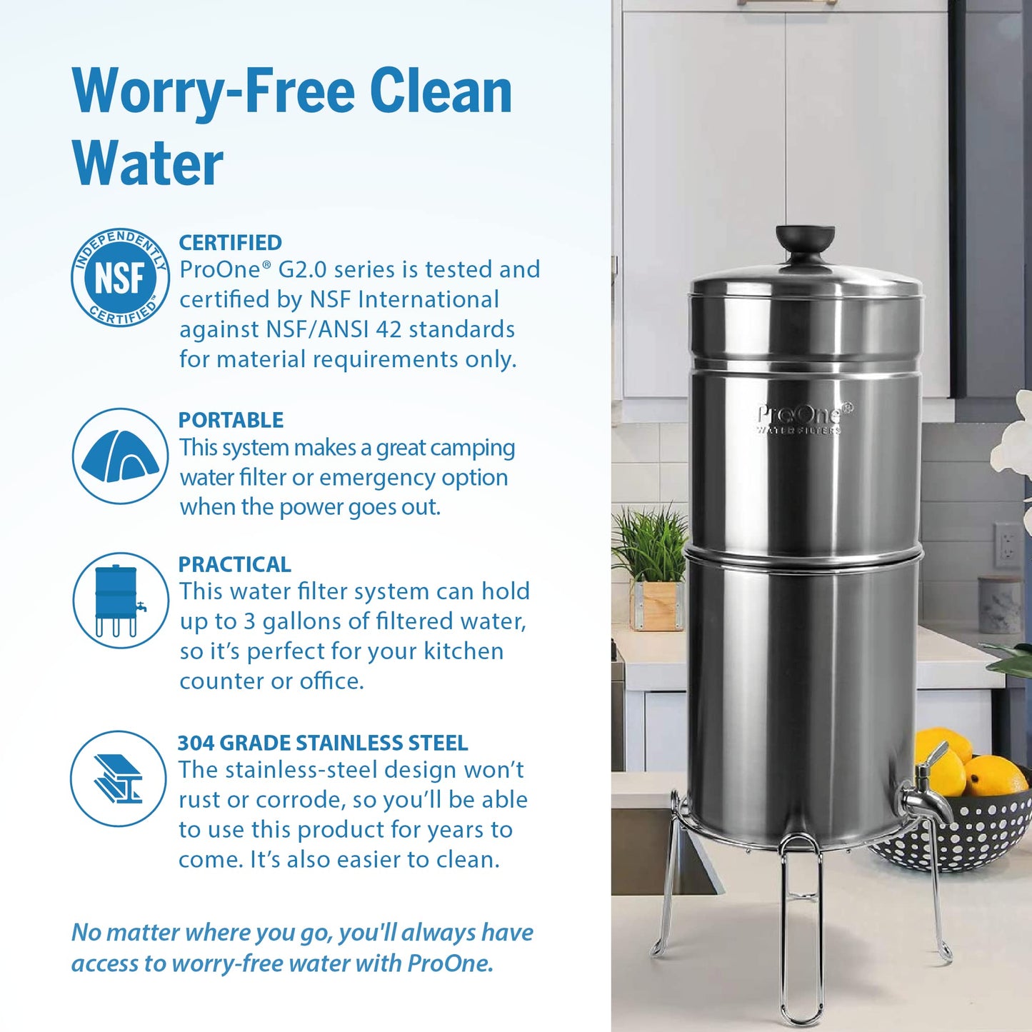 ProOne Big+ Gravity Water Filter System High Capacity Countertop Stainless Steel Water Filter Dispenser IAPMO Certified to Reduce Lead, Total PFAS, Microplastics, Chlorine Taste & Odor, 2 Pack Filter
