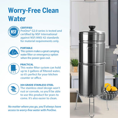 ProOne Big+ Gravity Water Filter System High Capacity Countertop Stainless Steel Water Filter Dispenser IAPMO Certified to Reduce Lead, Total PFAS, Microplastics, Chlorine Taste & Odor, 2 Pack Filter