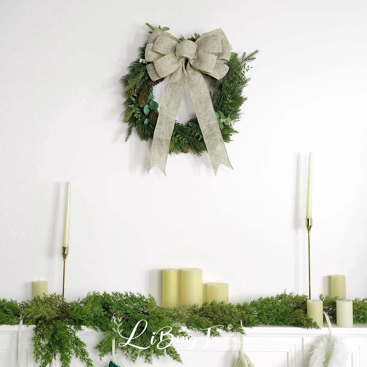Skiennix 13" Burlap Wired Ribbon Bow | Rustic Christmas Tree Topper & Party Decoration - Large Gift Bow