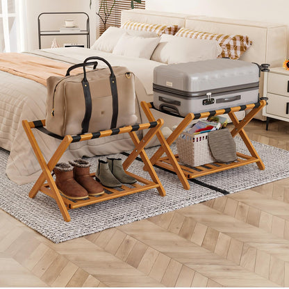 Smart FENDEE Pack of 2 Fully Assembled Bamboo Luggage Racks with Shoe Shelf, 5 Heavy-Duty Straps Folding Suitcase Stand, Luggage Holders for Guest Room Must Haves, Ideal for Bedroom, Hotel, Honey Oak