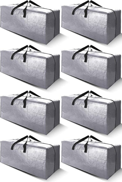 Cosy Family Extra Large Moving Bags - Heavy Duty Storage Totes with Backpack Straps & Zippers | Set of 8, Silver