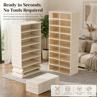 Tykacna Foldable Shoe Rack with Doors, Stackable Plastic Shoe Organizer, Large Clear Shoe Storage Boxes for Closet and Entryway, Portable Collapsible Shoe Cabinet 9 Tiers, 27Pairs