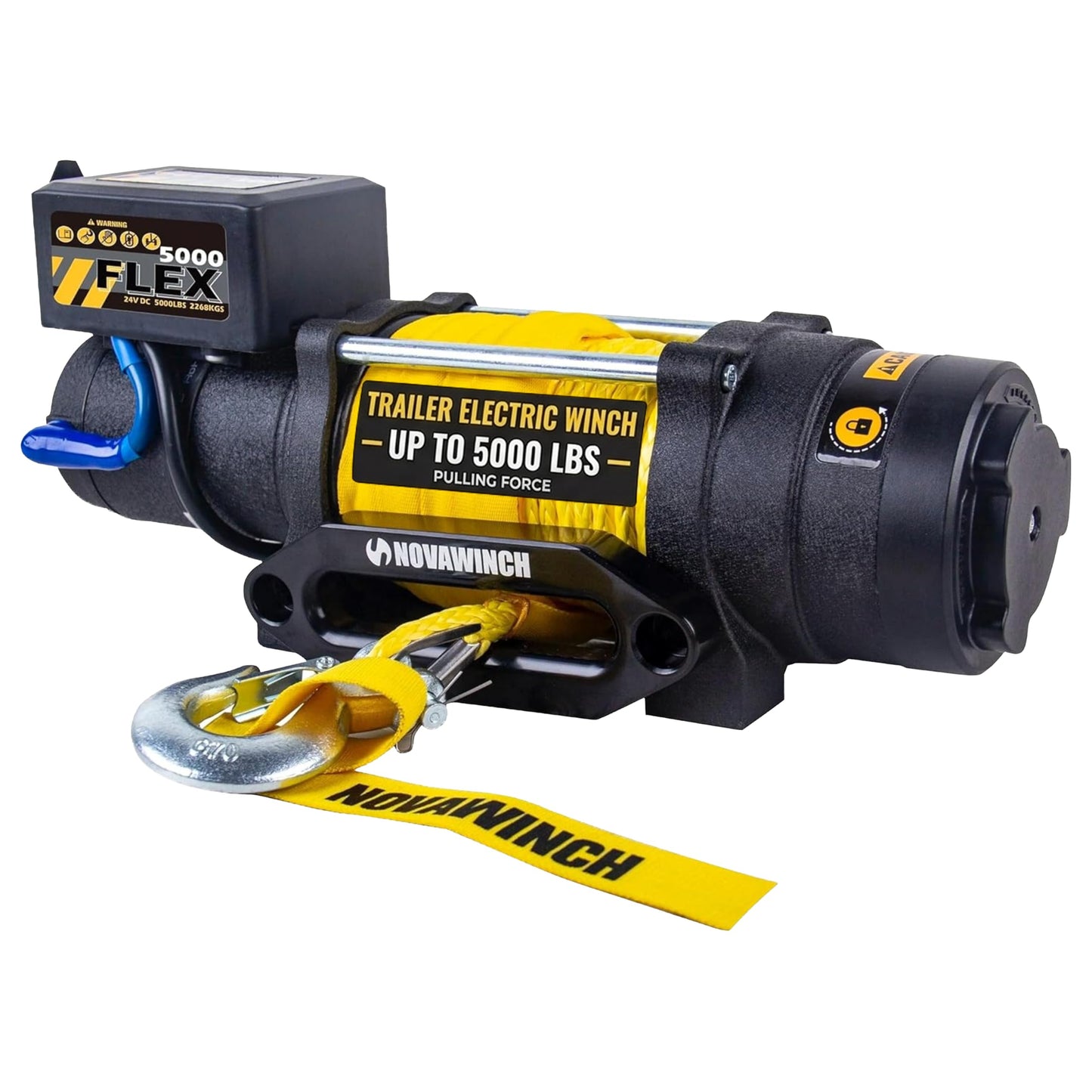 Novawinch Flex 5000 lb Trailer Winch 12V Electric - Synthetic Rope, IP68 Sealed Planetary Gearbox, Hawse Fairlead, Auto-Lock Brake, Waterproof Remote - Flatbed, Boat Trailer, Equipment Hauler, SAE