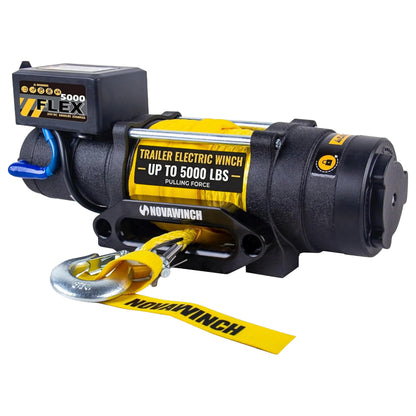 Novawinch Flex 5000 lb Trailer Winch 12V Electric - Synthetic Rope, IP68 Sealed Planetary Gearbox, Hawse Fairlead, Auto-Lock Brake, Waterproof Remote - Flatbed, Boat Trailer, Equipment Hauler, SAE