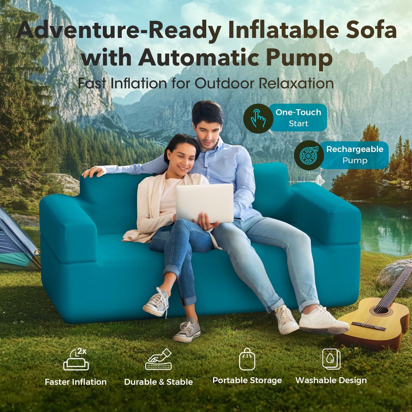 Inflatable Couch Self Inflatable Sofa, Air Couch with Built-in Air Pump Rechargeable Loveseat Bundled with Inflatable LazySofa