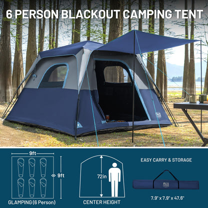 TIMBER RIDGE 6 Person Blackout Design Camping Tent, 60s Easy Setup Instant Cabin Tent for Family with Rainfly, Water-Resistant, 9' x 9' x 72" for Outdoor Adventures Gatherings