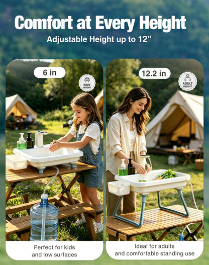 Portable Outdoor Sink with Electric Faucet - Adjustable Height Camping Sink, 3 Water Modes Hand Washing Station, Lightweight RV Portable Sink for Camping Backyard Dishwashing