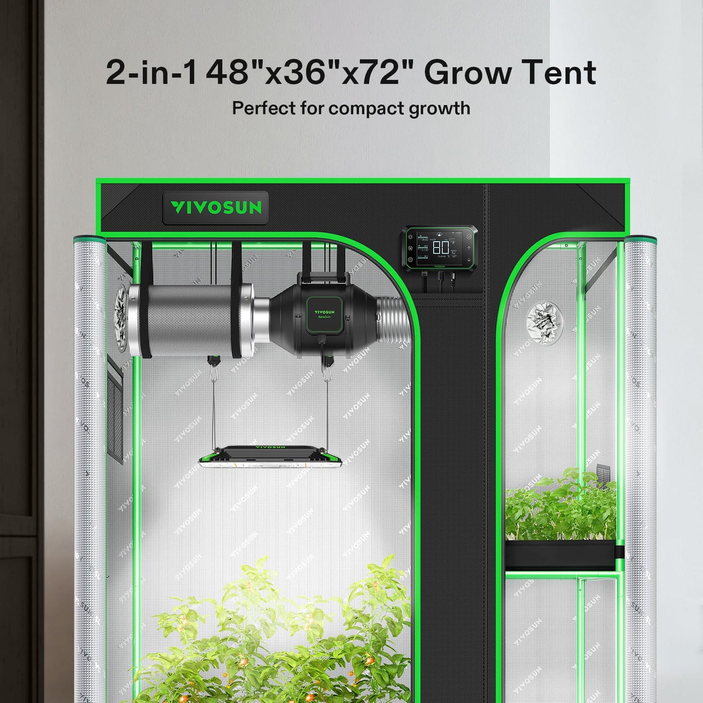 VIVOSUN 2-in-1 4x3 Grow Tent, 48"x36"x72" Seedling Clone Tent High Reflective Mylar with Multi-Chamber and Floor Tray for Hydroponic Indoor Plant Tent