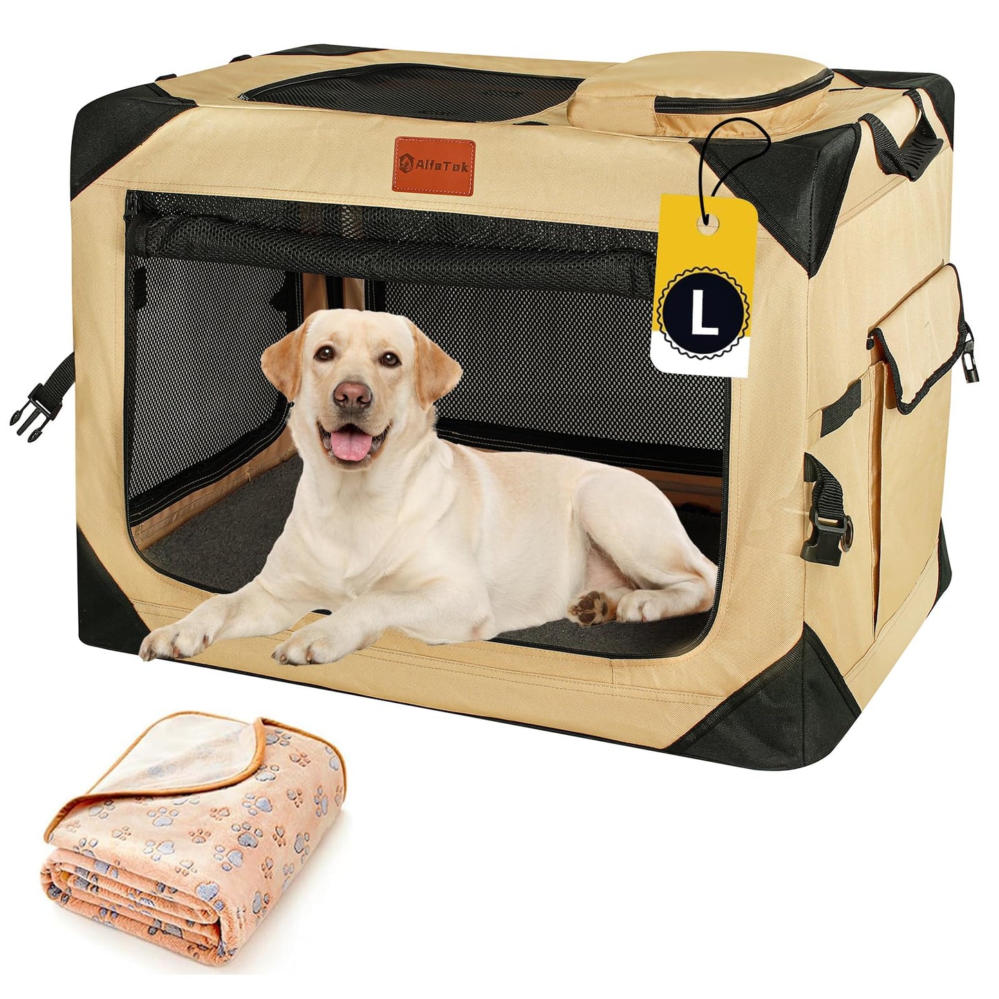 AlfaTok Collapsible & Foldable Dog Crate - Portable & Soft for Large Dogs, 36 x 25 x 25 Inch