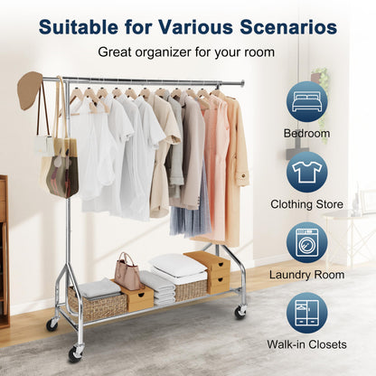 Whitmor Heavy Duty Clothes Rack, Rolling Garment Rack with Lockable Wheels, Adjustable & Extendable Metal Clothing Rack Shelves with Bottom Shelf, Max Load 450LBS for Hanging Clothes, Chrome