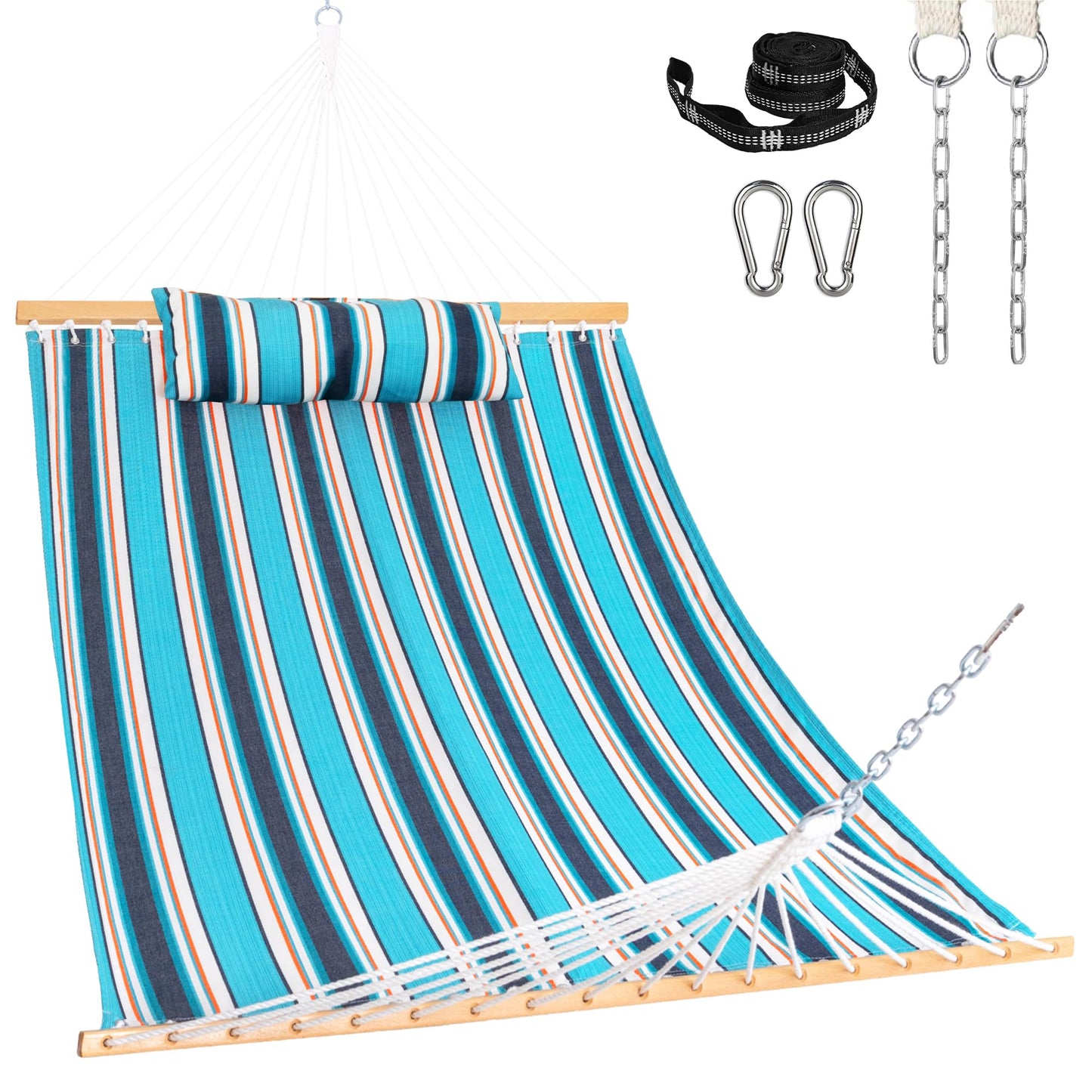 Lazy Daze Hammocks 12 FT Sunbrella Fabric Hammock Non-Fading with Spreader Bars and Free Pillow Fits for 2 Persons, All Weather and Fade Resistant for Patio Yard, 450 lbs Capacity, Token Surfside