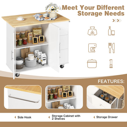 Shintenchi Kitchen Island with Folding Drop Leaf, Rolling Island Table with Storage, Kitchen Cabinet on Wheels with Seating Area for Kitchen, Bar Cart with Cabinet, White
