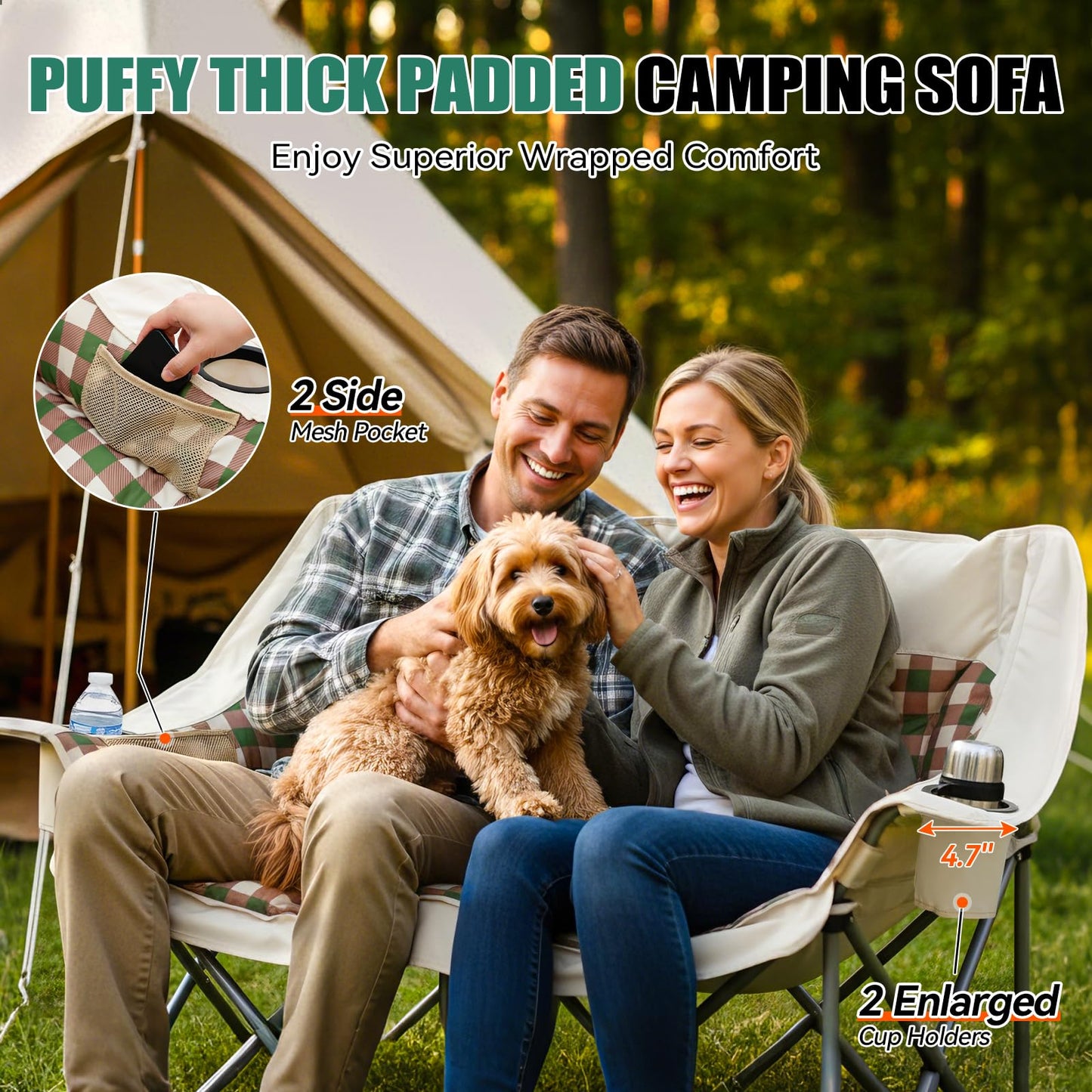 Thallike Double Camping Chair, Oversized 2 Person Camp Chairs with Cup Holders Side & Backrest Mesh Pockets Padded Loveseat Camping Chair Foldable for Outdoor Lawn Backyard Beach Support 800LB