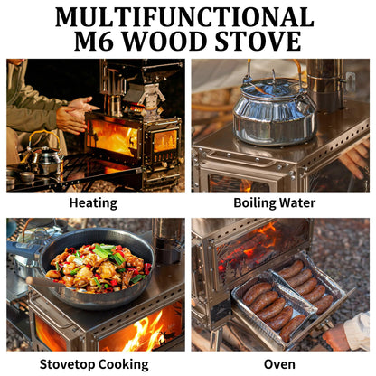 CAMPJOURNEY M6 Gold Wood Stove with Oven & IGT Table, Gold Finish, 2100 cu in Firebox, Portable Hot Tent Stove for Camping, 98" Chimney, Luxury Outdoor Heating for Winter Tent, Ice Fishing, Hunting