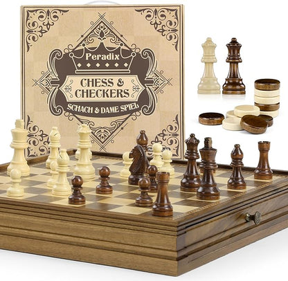 Peradix Magnetic Chess Checkers Board Sets with 2 Built-in Storage Drawers15 Classic 2 in 1 Wooden Games with 2 Extra Queens for Kids and AdultsTravel Portable Chess Game Set