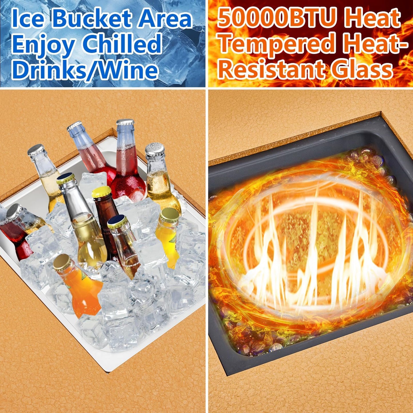 56-inch Outdoor Propane Fire Pit Table with 50,000 BTU Output, 13-inch Ice Bucket, Dual Function, CSA Certified, Fire Glass Beads and Wind Guard for Patio, Poolside and Garden