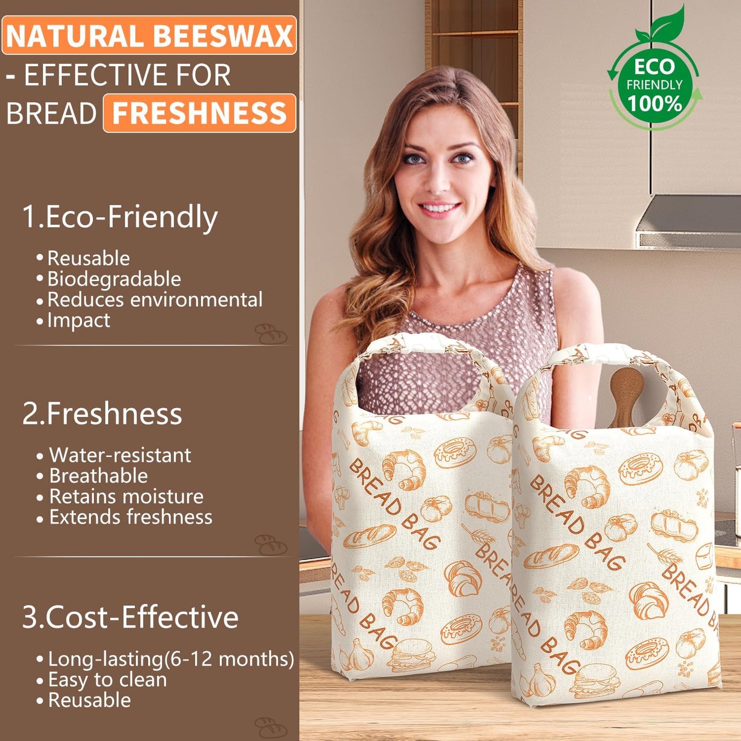 Skiennix Reusable Beeswax Bread Bags - Eco-Friendly Food Storage for Sourdough & Homemade Bread | 2 Pack, Large Capacity