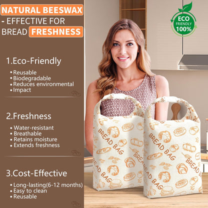 Skiennix Reusable Beeswax Bread Bags - Eco-Friendly Food Storage for Sourdough & Homemade Bread | 2 Pack, Large Capacity
