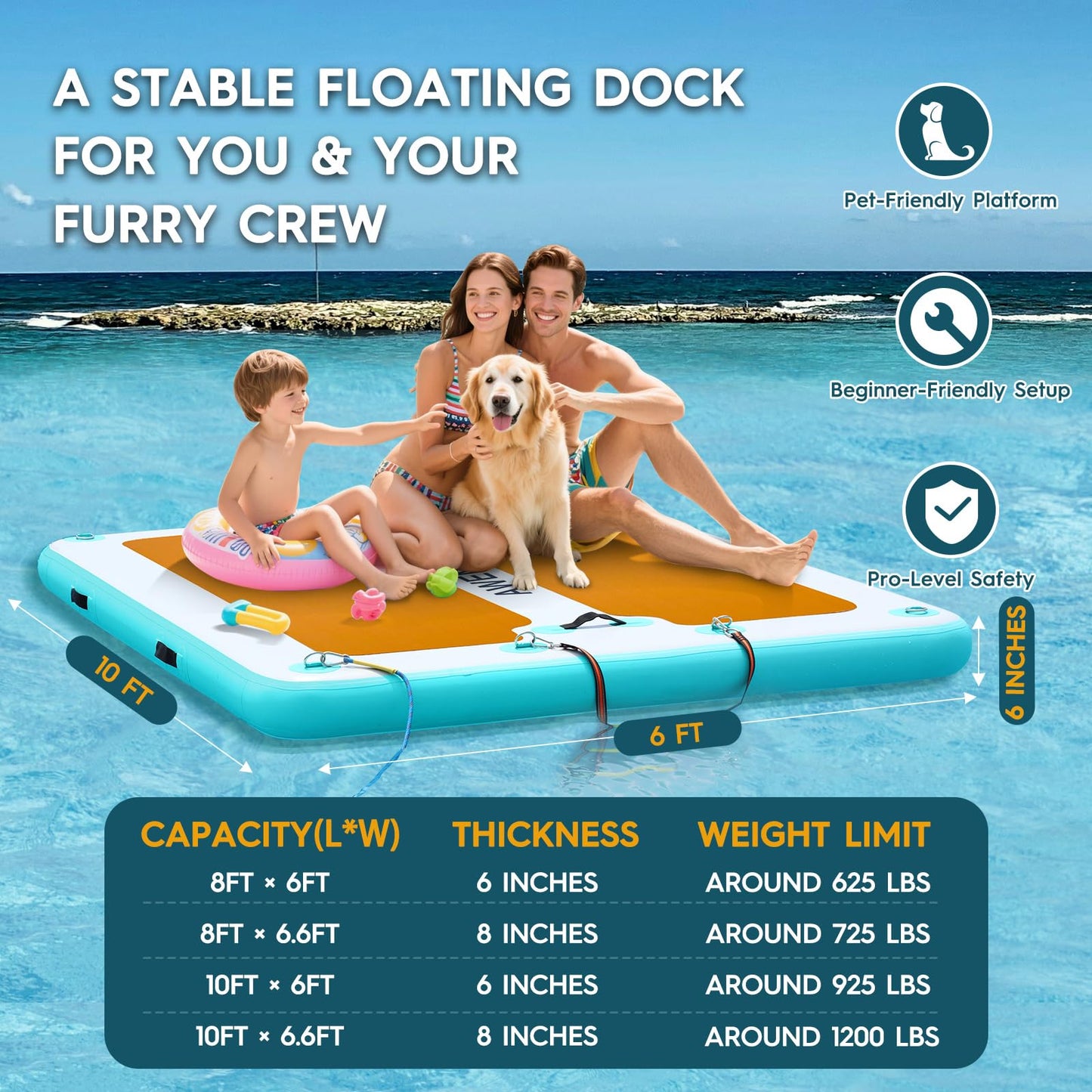AWEMUFA 10ft x 6ft Inflatable Floating Dock, Inflatable Dock Floating Platform, Inflatable Raft Island with Non-Slip PVC Surface, Floating Mat Lake Floats for Pool Beach Ocean
