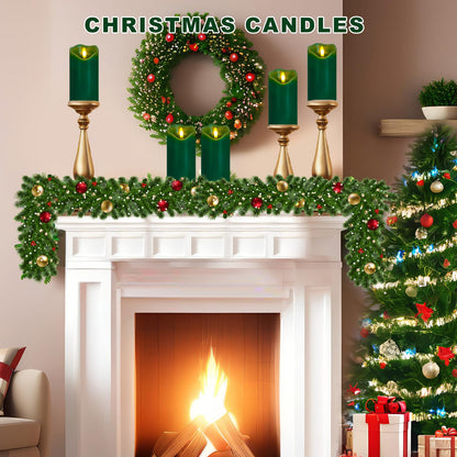 VEEKI Flameless Candles Light, Set of 2 6"x3" Flickering Christmas Flameless Candles with Remote & Timer, Dimmable Real Wax Pillar Candles Battery Operated, Green Candles for Home Xmas Decor (Green)