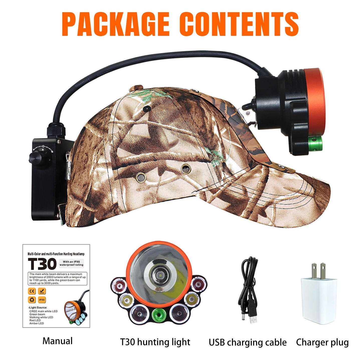 Pseudes T30 5-Color Coon Hunting lights-2000lm White/Red/Walking/Amber+Green Beam, 9-Speed Dial, IPX6 Waterproof Rechargeable Night Hunting Headlamp for Varmint Hog Coyote
