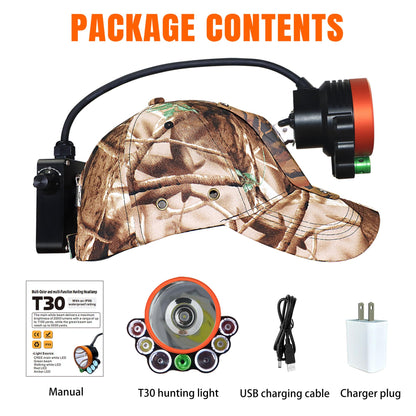 Pseudes T30 5-Color Coon Hunting lights-2000lm White/Red/Walking/Amber+Green Beam, 9-Speed Dial, IPX6 Waterproof Rechargeable Night Hunting Headlamp for Varmint Hog Coyote