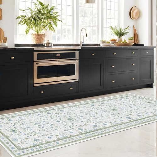 Hazo Haus Oushak 3x10 Wide Hallway Runner Rug - Vintage Turkish Floral Design | Washable Low Pile, Non-Slip - Light Blue & Green
