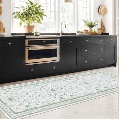 Hazo Haus Oushak 3x10 Wide Hallway Runner Rug - Vintage Turkish Floral Design | Washable Low Pile, Non-Slip - Light Blue & Green