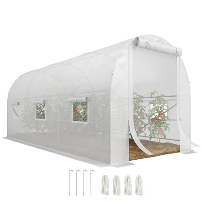 Outsunny 14.6' x 6.6' x 6.6' Walk-in Tunnel Greenhouse, Large Garden Hot House Kit with 6 Roll-up Windows & Roll Up Door, Steel Frame, White