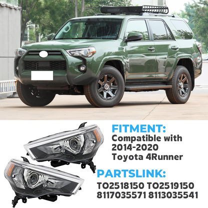 Headlight Compatible with 2014-2020 Toyota 4Runner,Factory Style Halogen Headlamp Chrome Housing Amber Reflector Replacement Driver Passenger Side TO2518150 TO2519150 8117035571 8113035541