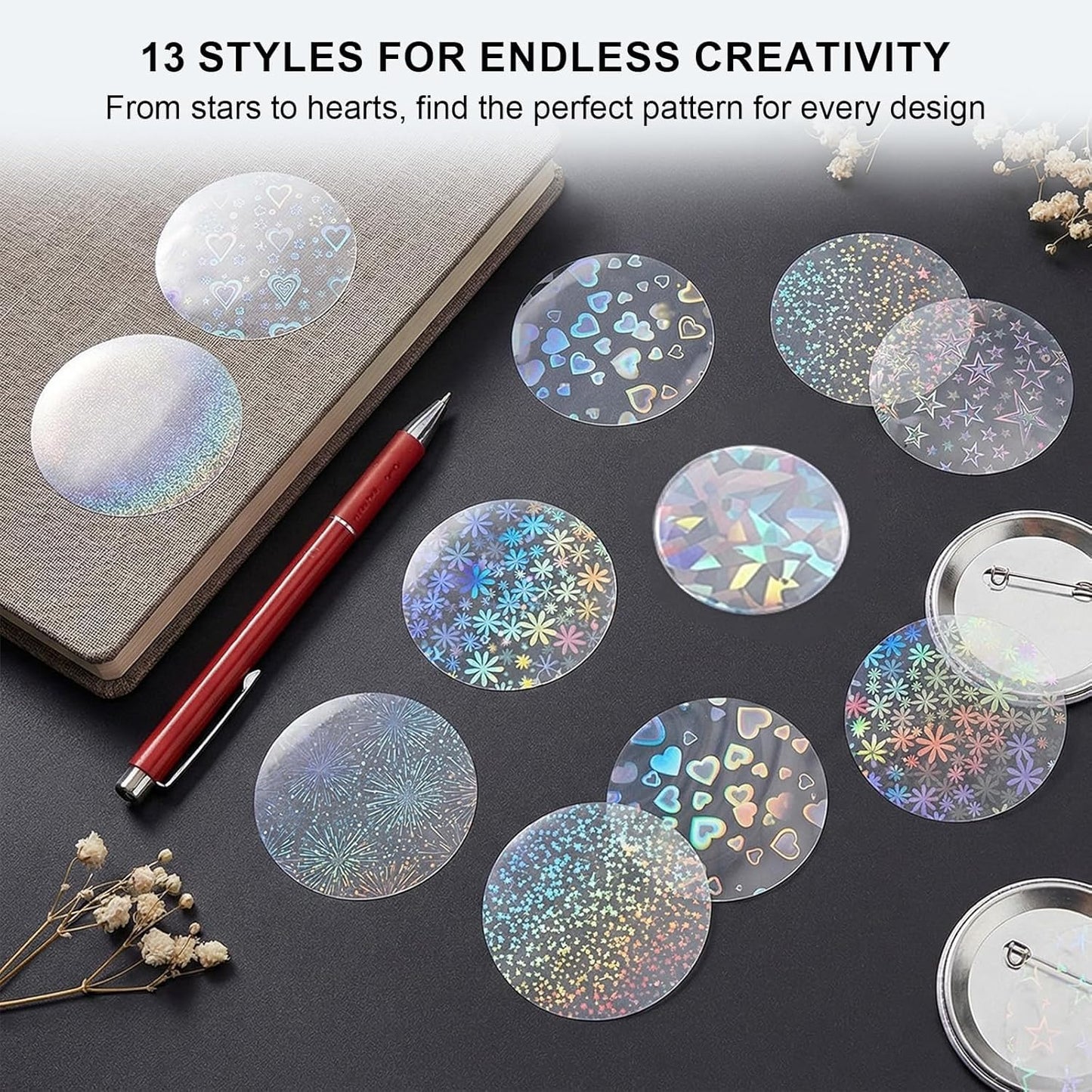 200 PCS Badge Film for Your 58mm / 2.25 in (Approx. 2-1/4 inch) Round Button Maker Machine，8 Different Holographic Button Making Supplies Film (200pcs Sand Star for 2.25inch Badge)