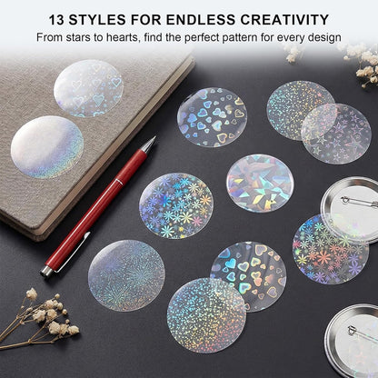 200 PCS Badge Film for Your 58mm / 2.25 in (Approx. 2-1/4 inch) Round Button Maker Machine，8 Different Holographic Button Making Supplies Film (200pcs Sand Star for 2.25inch Badge)