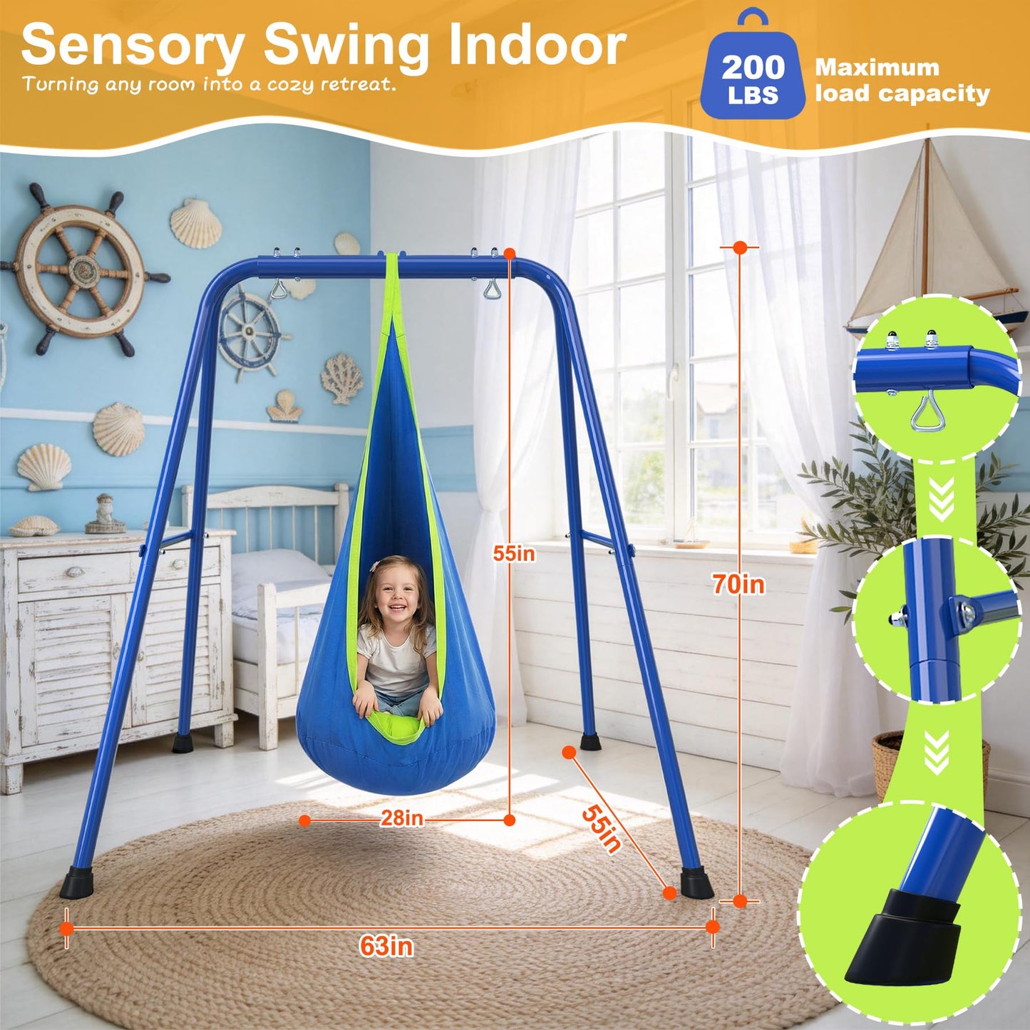 SMkidsport Heavy Duty Sensory Swing Frame for Kids - Indoor Outdoor Metal Stand with Cotton Pod Swing - 200LBS Capacity Blue Therapy Swing for Autism, ADHD, Special Needs - Easy Install ﻿