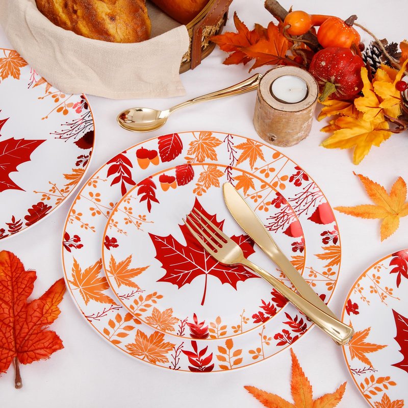 Liacere 150PCS Thanksgiving Plastic Plates- Include 30 Dinner Plates, 30 Dessert Plate,30 Forks, 30 Gold Spoons, 30 Gold Knives Perfect for Thanksgiving＆ Fall Plates