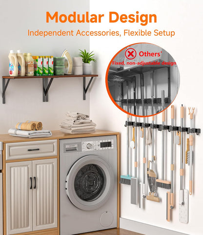 Skiennix Broom Holder Wall Mount - Space-Saving Organizer with 8 Slots & 10 Hooks | Ideal for Laundry Room & Garage