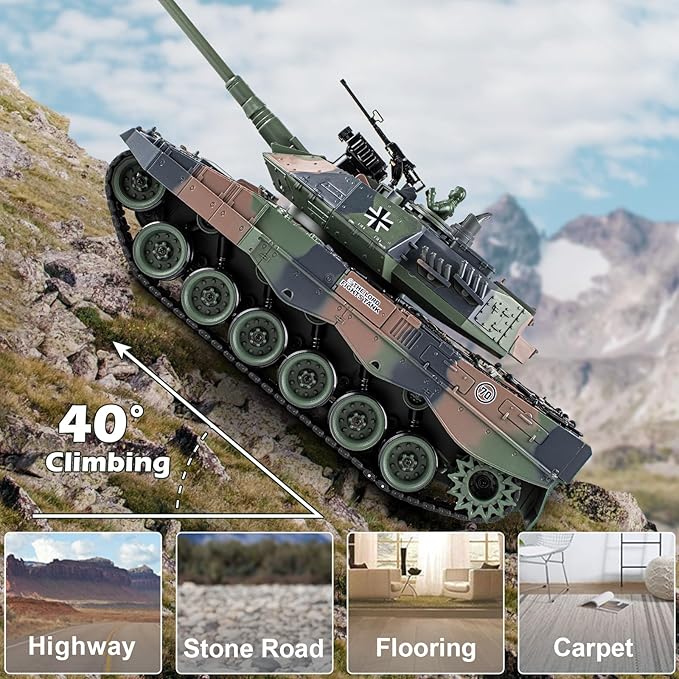 1:18 RC Tank 2.4Ghz German Leopard II Remote Control Tank Model Toys Battle Army Tank 15 Channel with Smoke Light and Sound Military Toy for Adults and Kids That Shoots BBS