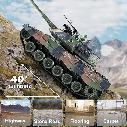 1:18 RC Tank 2.4Ghz German Leopard II Remote Control Tank Model Toys Battle Army Tank 15 Channel with Smoke Light and Sound Military Toy for Adults and Kids That Shoots BBS