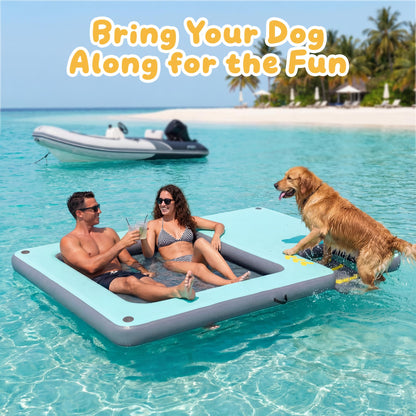 Inflatable Floating Dock with Dog Ramp, Large Floating Island Platform for Adults and Pets, Mesh Water Hammock with Non-Slip Steps, Heavy-Duty Floating Dock for Lake, Pool, River and Ocean