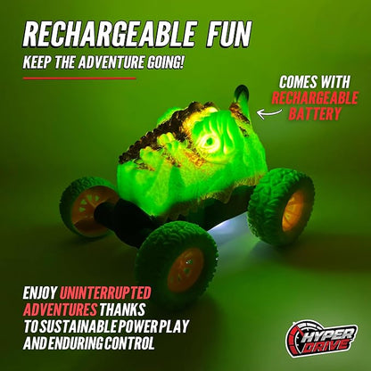 Hyper Drive RC Dinosaur Stunt Car - 360 Rolling Twister Light-Up Action Durable Remote-Control Toy for Boys and Girls Full-Function with Hand Controller Green