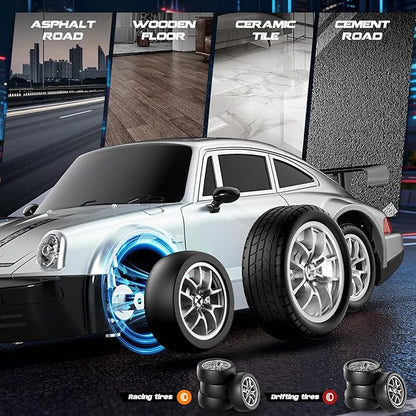 RC Drift Car 1:24 Scale Remote Control Car with LED Lights 20KM/H 4WD High Speed RC Cars Racing and Drifting Dual-Mode Toy Car Idea Gift for Adults and Kids Silver