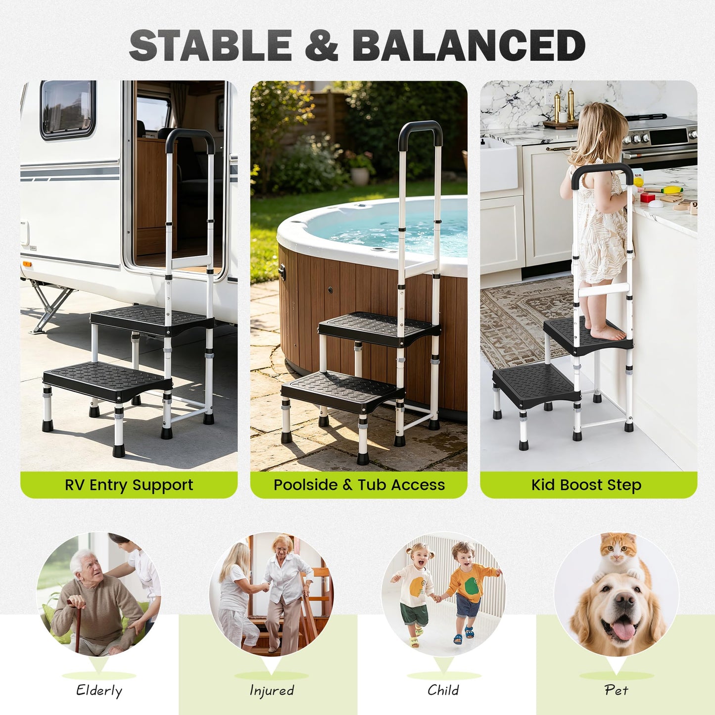 DEPSUNNY RV Step Stool with Handle for Elderly,2 Step Ladder with Handrail, Reinforced PP Wide Platform, Adjustable Height, Portable Stairs for Hot Tub/Camper/Mobile Home/Porch/SPA Pool/Pet Stairs