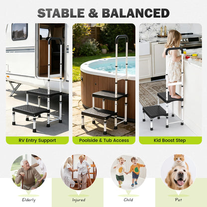 DEPSUNNY RV Step Stool with Handle for Elderly,2 Step Ladder with Handrail, Reinforced PP Wide Platform, Adjustable Height, Portable Stairs for Hot Tub/Camper/Mobile Home/Porch/SPA Pool/Pet Stairs