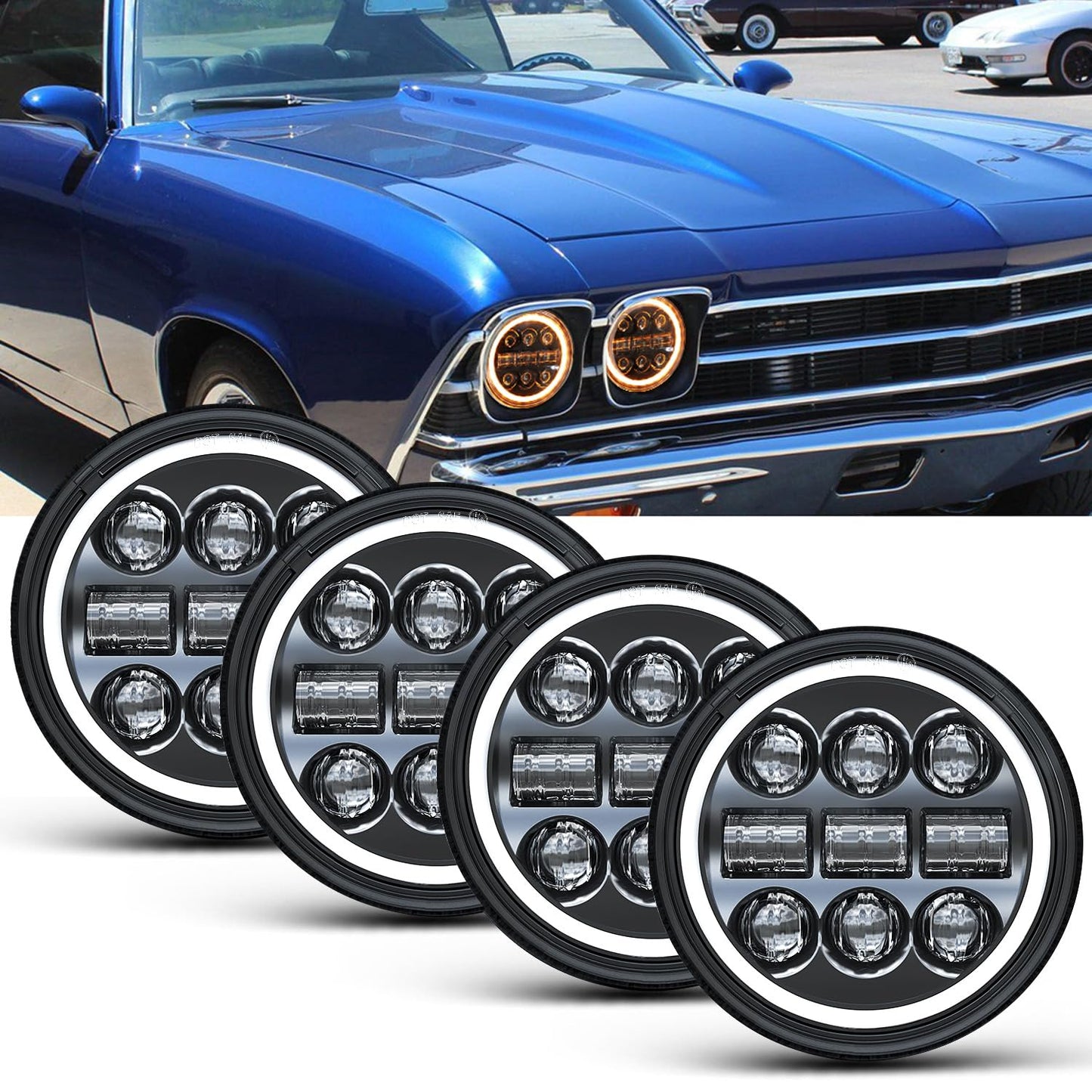 BraveWAY 5.75" Round LED Headlights, 5-3/4 Inch Sealed Beam Headlamp(H5006) with Projector White/Amber Halo Ring