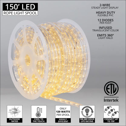 Wintergreen Lighting 150ft 1800 LED Heavy Duty Rope Light Spool, 120V ETL Indoor Rope Lights Plugin Outdoor Tube Lights ½ Inch, Accessories and Mounting Clips Included, Warm White